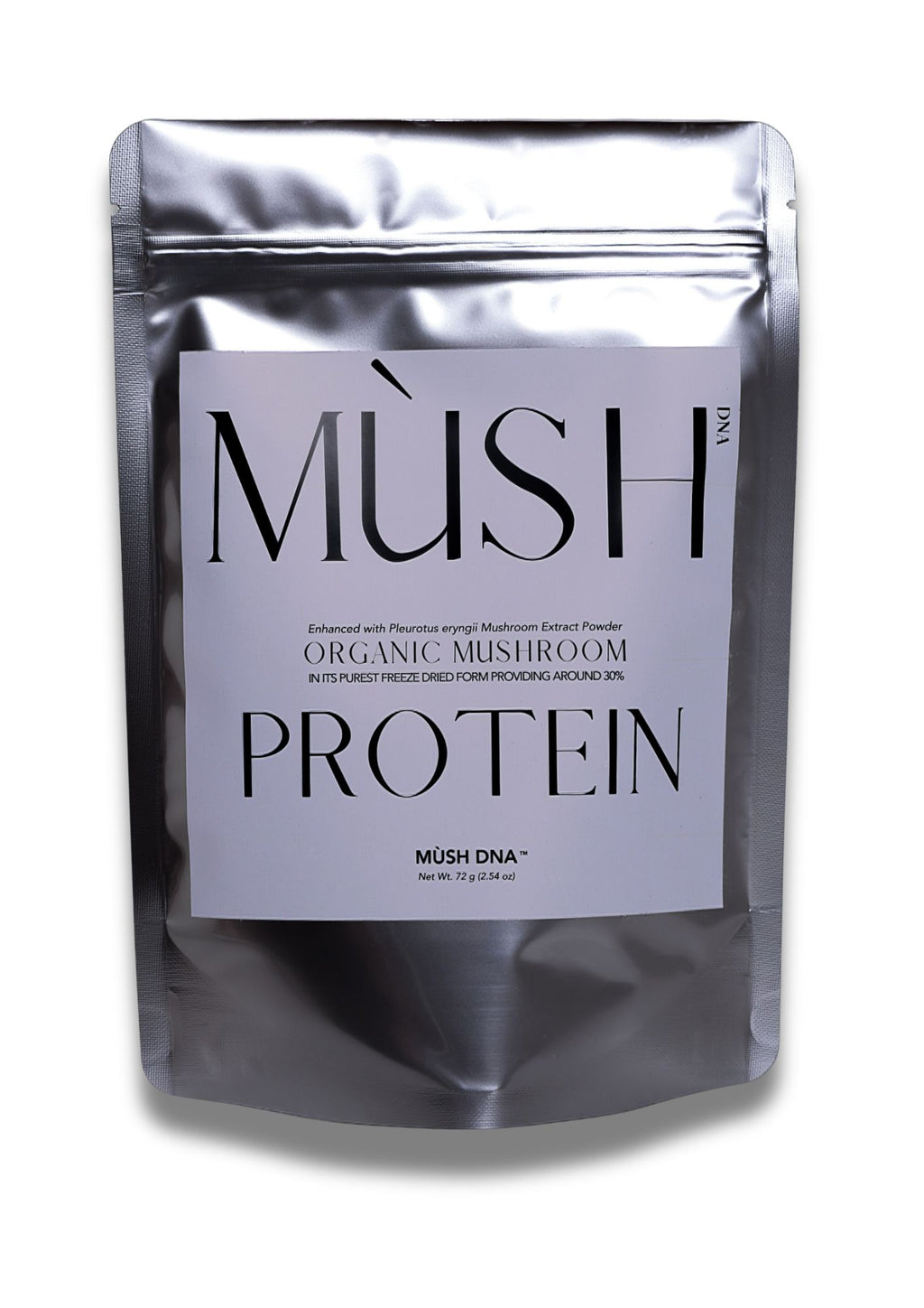 MUSH DNA Organic Mushroom Protein package on a white background, Pleurotus eryngii