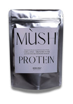 MUSH DNA Organic Mushroom Protein package on a white background, Pleurotus eryngii