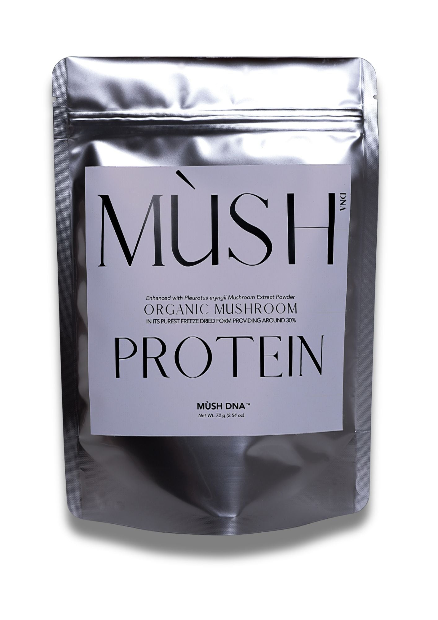 MUSH DNA Organic Mushroom Protein package on a white background, Pleurotus eryngii