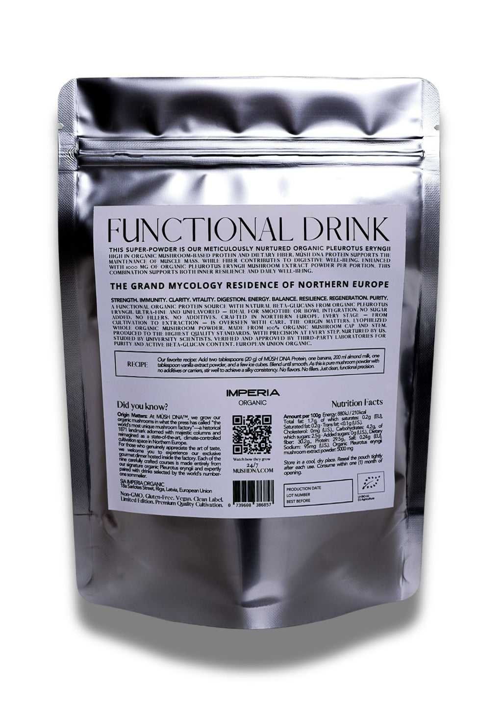 MUSH DNA Organic mushroom protein, metallic packaging of a functional drink with a label on a white background, Pleurotus eryngii