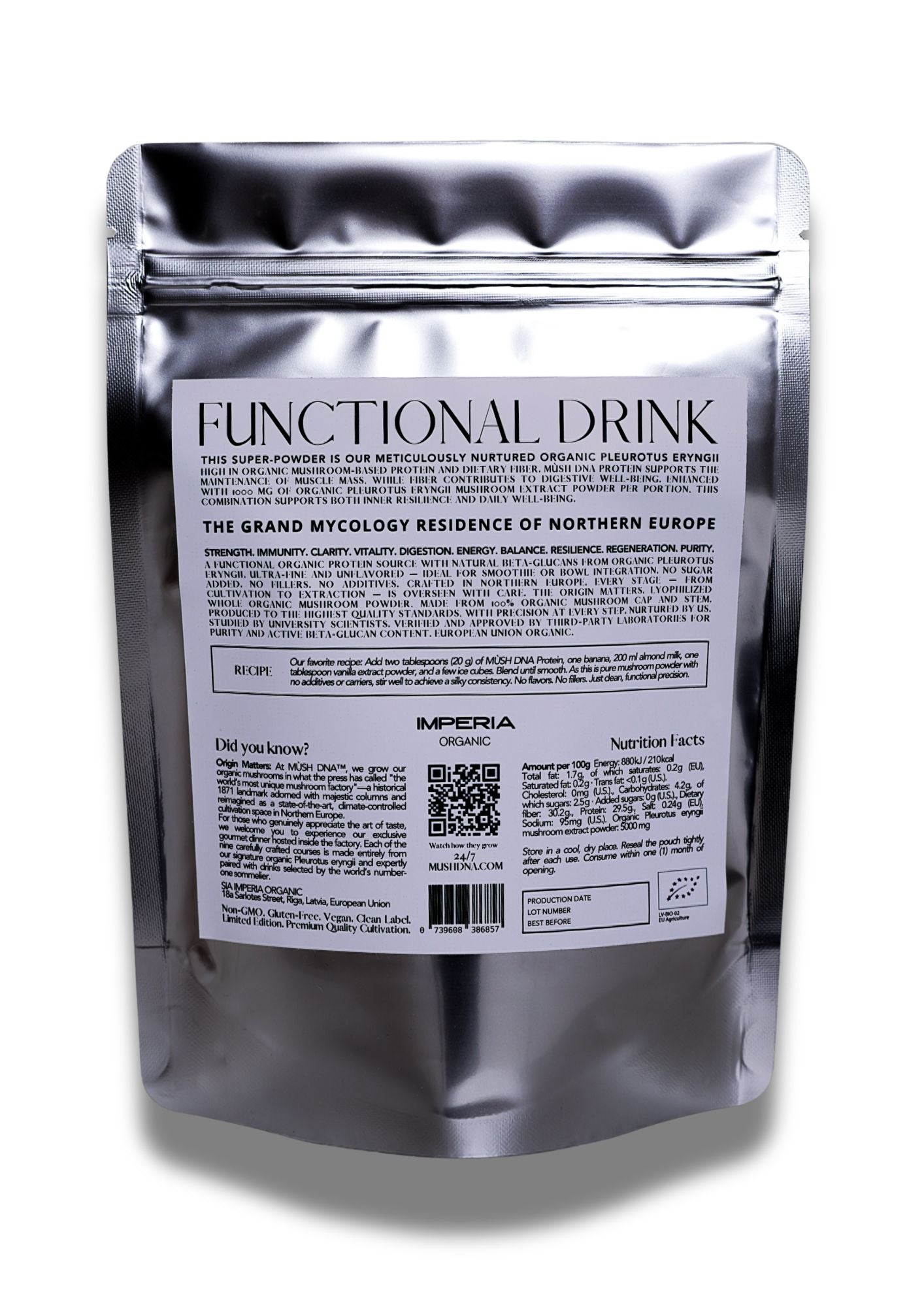 MUSH DNA Organic mushroom protein, metallic packaging of a functional drink with a label on a white background, Pleurotus eryngii